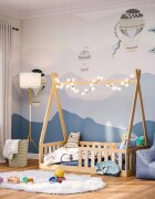 Magic kids Pat pentru copii Tipi Natur din lemn design scandinav tip casuta montaj pe podea cu somiera 140 x 70 cm