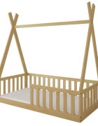 Magic kids Pat pentru copii Tipi Natur din lemn design scandinav tip casuta montaj pe podea cu somiera 140 x 70 cm