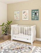 Magic kids Patut 2 in 1 Megan alb din lemn cu somiera reglabila trepte detasabile bariera transformare si sertar integrat 120 x 60 cm