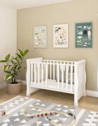 Magic kids Patut 2 in 1 Megan alb din lemn cu somiera reglabila trepte detasabile bariera transformare si sertar integrat 120 x 60 cm
