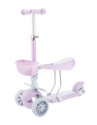 MAKANI Trotineta 3in1 BonBon Candy LilacRoti frontale cu lumini LEDFrana pe roata spateManer reglabil pe 3 nivele de inaltimeScaun reglabilPlacuta antiderapantaManere ergonomiceCosulet frontal inclus