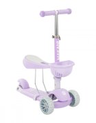 MAKANI Trotineta 3in1 BonBon Candy LilacRoti frontale cu lumini LEDFrana pe roata spateManer reglabil pe 3 nivele de inaltimeScaun reglabilPlacuta antiderapantaManere ergonomiceCosulet frontal inclus