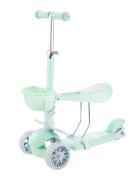 MAKANI Trotineta 3in1 BonBon Candy MintRoti frontale cu lumini LEDFrana pe roata spateManer reglabil pe 3 nivele de inaltimeScaun reglabilPlacuta antiderapantaManere ergonomiceCosulet frontal inclus