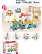 MalPlay Antepremergator multifunctional 5 in 1 pentru copii Choo-Choo Blue cu vagon-scaunel sortator de forme pian muzical iluminal cu 5 clape colorate dimensiune 69 x 34 x 30 cm