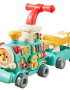 MalPlay Antepremergator multifunctional 5 in 1 pentru copii Choo-Choo Blue cu vagon-scaunel sortator de forme pian muzical iluminal cu 5 clape colorate dimensiune 69 x 34 x 30 cm