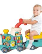 MalPlay Antepremergator multifunctional 5 in 1 pentru copii Choo-Choo Blue cu vagon-scaunel sortator de forme pian muzical iluminal cu 5 clape colorate dimensiune 69 x 34 x 30 cm