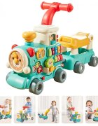 MalPlay Antepremergator multifunctional 5 in 1 pentru copii Choo-Choo Blue cu vagon-scaunel sortator de forme pian muzical iluminal cu 5 clape colorate dimensiune 69 x 34 x 30 cm