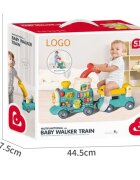 MalPlay Antepremergator multifunctional 5 in 1 pentru copii Choo-Choo Blue cu vagon-scaunel sortator de forme pian muzical iluminal cu 5 clape colorate dimensiune 69 x 34 x 30 cm