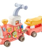 MalPlay Antepremergator multifunctional 5 in 1 pentru copii Choo-Choo Pink cu vagon-scaunel sortator de forme pian muzical iluminal cu 5 clape colorate dimensiune 69 x 34 x 30 cm