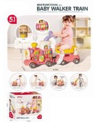 MalPlay Antepremergator multifunctional 5 in 1 pentru copii Choo-Choo Pink cu vagon-scaunel sortator de forme pian muzical iluminal cu 5 clape colorate dimensiune 69 x 34 x 30 cm