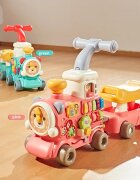 MalPlay Antepremergator multifunctional 5 in 1 pentru copii Choo-Choo Pink cu vagon-scaunel sortator de forme pian muzical iluminal cu 5 clape colorate dimensiune 69 x 34 x 30 cm