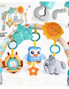 MalPlay Arcada cu jucarii suspendate pentru carucior copii Blue Owl culori intense sunete si texturi variate dimensiune 53 x 33 x 5 cm