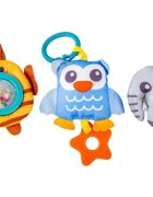 MalPlay Arcada cu jucarii suspendate pentru carucior copii Blue Owl culori intense sunete si texturi variate dimensiune 53 x 33 x 5 cm
