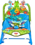 MalPlay Balansoar multifunctional pentru copii Blue Elephant pliabil cu vibratii spatar reglabil in 2 trepte si bara de jucarii detasabila