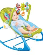 MalPlay Balansoar multifunctional pentru copii Blue Elephant pliabil cu vibratii spatar reglabil in 2 trepte si bara de jucarii detasabila