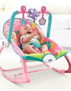 MalPlay Balansoar multifunctional pliabil cu vibratii spatar reglabil in 2 trepte si bara de jucarii detasabila Pink Monkey