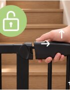 MalPlay Bariera de siguranta pentru copii Black BabyProtect 75-110 cm montaj prin presiune fara gaurire inchidere automata protectie dubla include 2 extensii de 14 cm