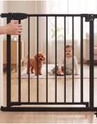 MalPlay Bariera de siguranta pentru copii Black BabyProtect 75-110 cm montaj prin presiune fara gaurire inchidere automata protectie dubla include 2 extensii de 14 cm