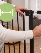 MalPlay Bariera de siguranta pentru copii Black BabyProtect 75-110 cm montaj prin presiune fara gaurire inchidere automata protectie dubla include 2 extensii de 14 cm