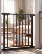 MalPlay Bariera de siguranta pentru copii Black BabyProtect 75-110 cm montaj prin presiune fara gaurire inchidere automata protectie dubla include 2 extensii de 14 cm