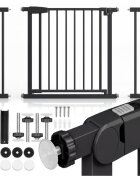 MalPlay Bariera de siguranta pentru copii Black BabyProtect 75-110 cm montaj prin presiune fara gaurire inchidere automata protectie dubla include 2 extensii de 14 cm