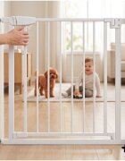 MalPlay Bariera de siguranta pentru copii White BabyProtect 75-110 cm montaj prin presiune fara gaurire inchidere automata protectie dubla include 2 extensii de 14 cm