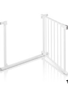 MalPlay Bariera de siguranta pentru copii White BabyProtect 75-110 cm montaj prin presiune fara gaurire inchidere automata protectie dubla include 2 extensii de 14 cm