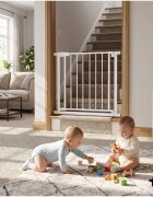 MalPlay Bariera de siguranta pentru copii White BabyProtect 75-110 cm montaj prin presiune fara gaurire inchidere automata protectie dubla include 2 extensii de 14 cm