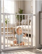 MalPlay Bariera de siguranta pentru copii White BabyProtect 75-110 cm montaj prin presiune fara gaurire inchidere automata protectie dubla include 2 extensii de 14 cm