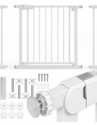 MalPlay Bariera de siguranta pentru copii White BabyProtect 75-110 cm montaj prin presiune fara gaurire inchidere automata protectie dubla include 2 extensii de 14 cm