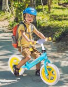 MalPlay Bicicleta copii fara pedale cu roti de 12 inch din spuma EVA cu scaun si ghidon reglabile in inaltime Push Sport GalbenAlbastru inaltime sezut 29-34 cm de la 3 ani inaltime recomandata 80-108 cm