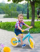 MalPlay Bicicleta copii fara pedale cu roti de 12 inch din spuma EVA cu scaun si ghidon reglabile in inaltime Push Sport GalbenAlbastru inaltime sezut 29-34 cm de la 3 ani inaltime recomandata 80-108 cm