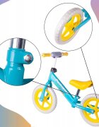 MalPlay Bicicleta copii fara pedale cu roti de 12 inch din spuma EVA cu scaun si ghidon reglabile in inaltime Push Sport GalbenAlbastru inaltime sezut 29-34 cm de la 3 ani inaltime recomandata 80-108 cm
