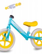 MalPlay Bicicleta copii fara pedale cu roti de 12 inch din spuma EVA cu scaun si ghidon reglabile in inaltime Push Sport GalbenAlbastru inaltime sezut 29-34 cm de la 3 ani inaltime recomandata 80-108 cm