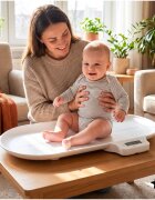 MalPlay Cantar electronic pentru bebelusi si copii White capacitate 30 kg rigleta 60 cm ecran LCD iluminat functii tara si hold dimensiuni produs 70 x 32 x 3 cm