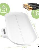 MalPlay Cantar electronic pentru bebelusi si copii White capacitate 30 kg rigleta 60 cm ecran LCD iluminat functii tara si hold dimensiuni produs 70 x 32 x 3 cm