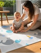 MalPlay Covoras de joaca pliabil din spuma XPE cu doua fete Mativo Whale dimensiune 120 x 120 cm include husa de transport cu fermoar si manere