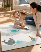MalPlay Covoras de joaca pliabil din spuma XPE cu doua fete Mativo Whale dimensiune 120 x 120 cm include husa de transport cu fermoar si manere