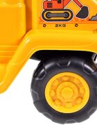 MalPlay Excavator copii fara pedale Rutschauto Galben actionat cu picioarele cupa mobila spatiu depozitare greutate maxima suportata 25 kg