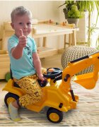 MalPlay Excavator copii fara pedale Rutschauto Galben actionat cu picioarele cupa mobila spatiu depozitare greutate maxima suportata 25 kg