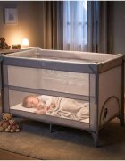 MalPlay Patut de calatorie pentru copii cu doua nivele laterala culisanta salteluta plasa de ventilatie roti usa cu fermoar si geanta de transport inclusa dimensiune 60 x 120 cm Gri