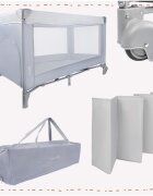 MalPlay Patut pliabil de calatorie pentru copii Luno Grey multifunctional 2 in 1 intrare laterala cu fermoar saltea si geanta de transport incluse dimensiune 60 x 120 cm