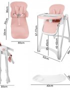 MalPlay Scaun de masa pentru bebelusi Deli pink pliabil cu spatar si inaltime reglabile prevazut cu roti si tavita dubla detasabila si reglabila