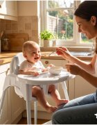 MalPlay Scaun de masa pentru bebelusi Keri White2 in 1 prevazut cu tavita dubla detasabila centuri de siguranta suport reglabil pentru picioare