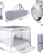 MalPlay Tarc de calatorie pentru copii 2 in 1 intrare cu fermoar roti cu frana cu 3 pereti din plasa pliabil cu saltea si geanta de transport incluse dimensiune 100 x 100 cm grey