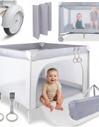 MalPlay Tarc de calatorie pentru copii 2 in 1 intrare cu fermoar roti cu frana cu 3 pereti din plasa pliabil cu saltea si geanta de transport incluse dimensiune 100 x 100 cm grey