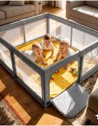 MalPlay Tarc de joaca pentru copii Kivo Grey design modern si sigur usa acces mare cu fermoar actionat din exterior dimensiune 150 x 180 cm cu buzunar din plasa