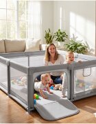 MalPlay Tarc de joaca pentru copii Kivo Grey design modern si sigur usa acces mare cu fermoar actionat din exterior dimensiune 150 x 180 cm cu buzunar din plasa