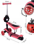MalPlay Trotineta 3 in 1 pentru copii cu roti luminoase led ghidon si scaunel ajustabile frana pe roata din spate si cosulet in forma de buburuza pink ladybug
