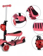 MalPlay Trotineta 3 in 1 pentru copii cu roti luminoase led ghidon si scaunel ajustabile frana pe roata din spate si cosulet in forma de buburuza pink ladybug